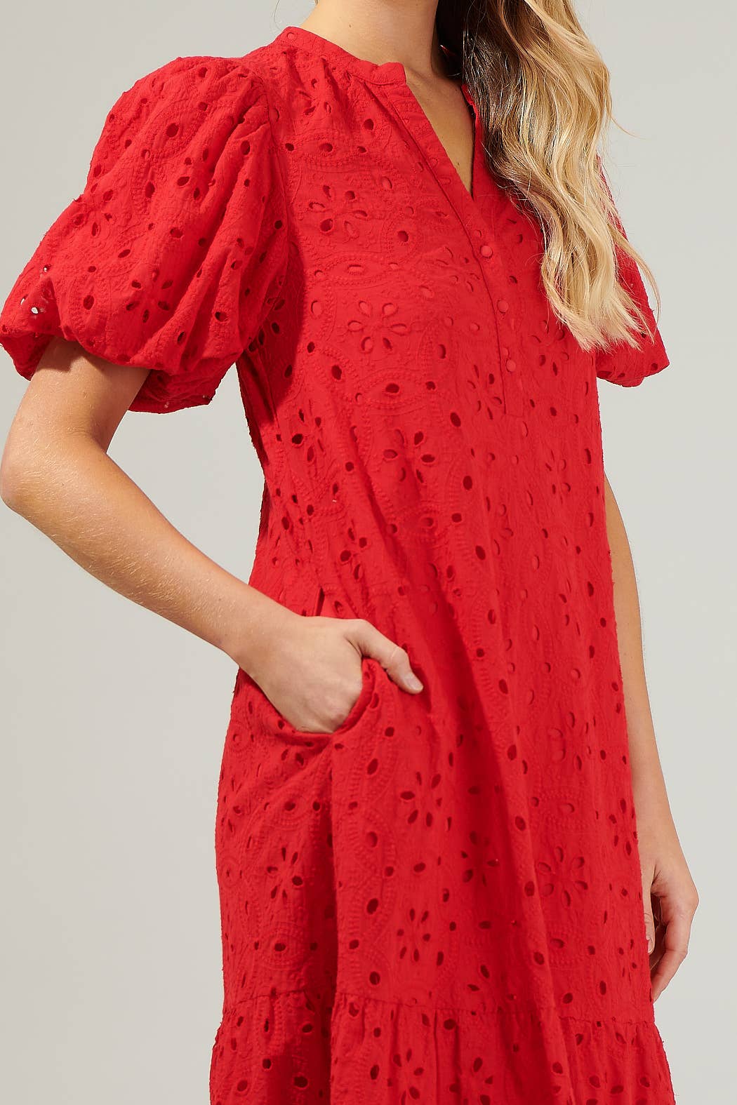 Red Eyelet Midi Dress