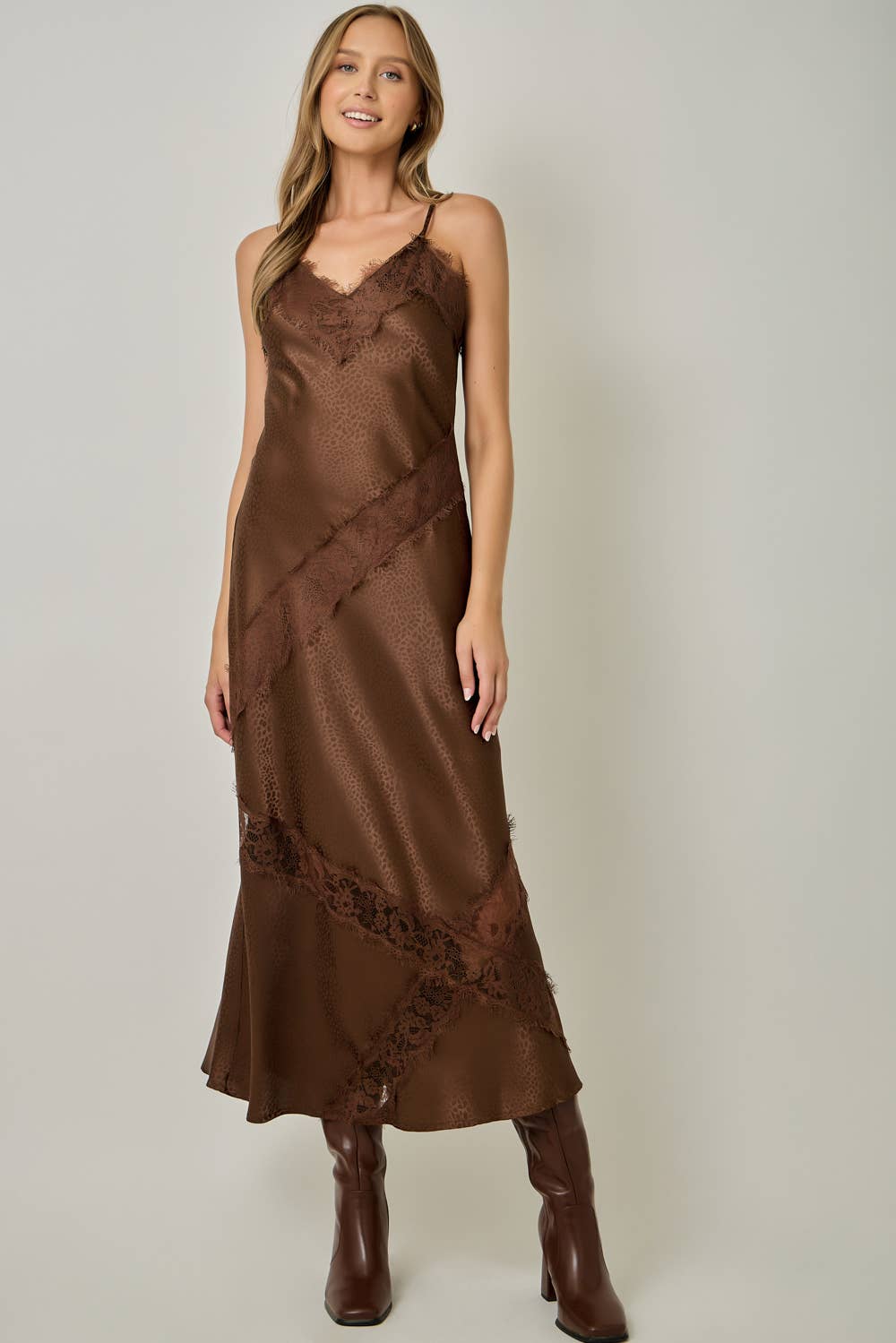 Brown Leopard Textured Satin Midi Slip Dress