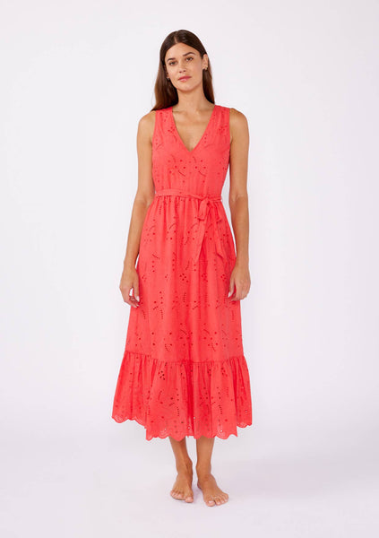 Coral V-Neck Eyelet Midi Dress with Waist Belt