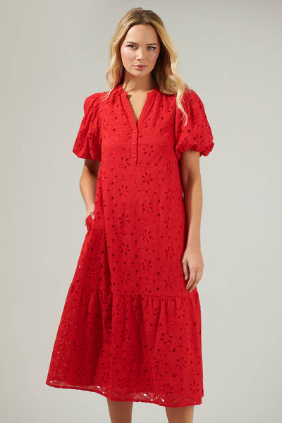 Red Eyelet Midi Dress