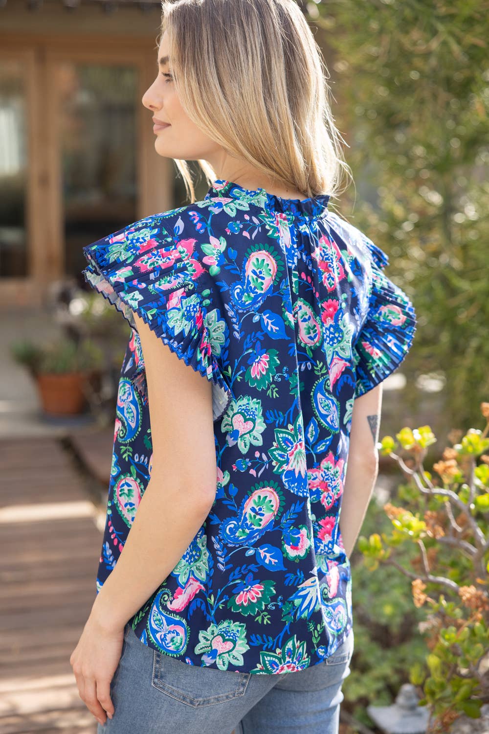 Navy Paisley Floral Pleated Cap Sleeve Top