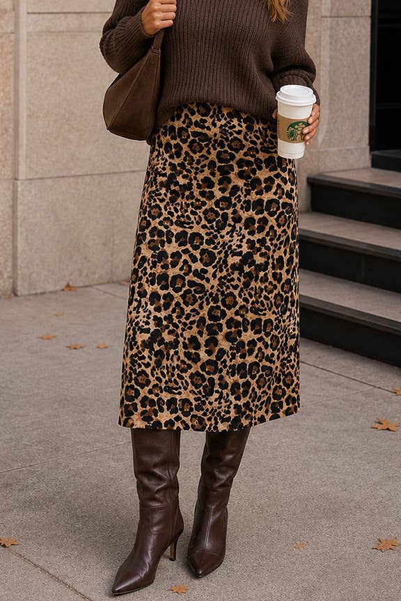 Leopard Print Satin Bias-Cut Midi Skirt