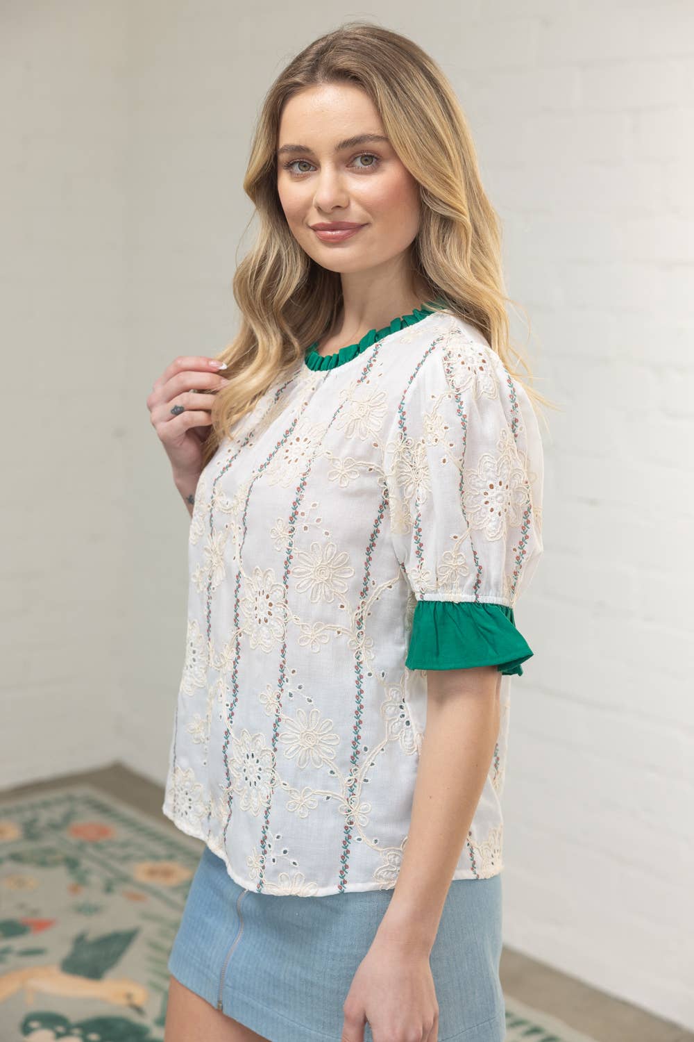 Ruffled Detail Floral Eyelet Embroidered Top