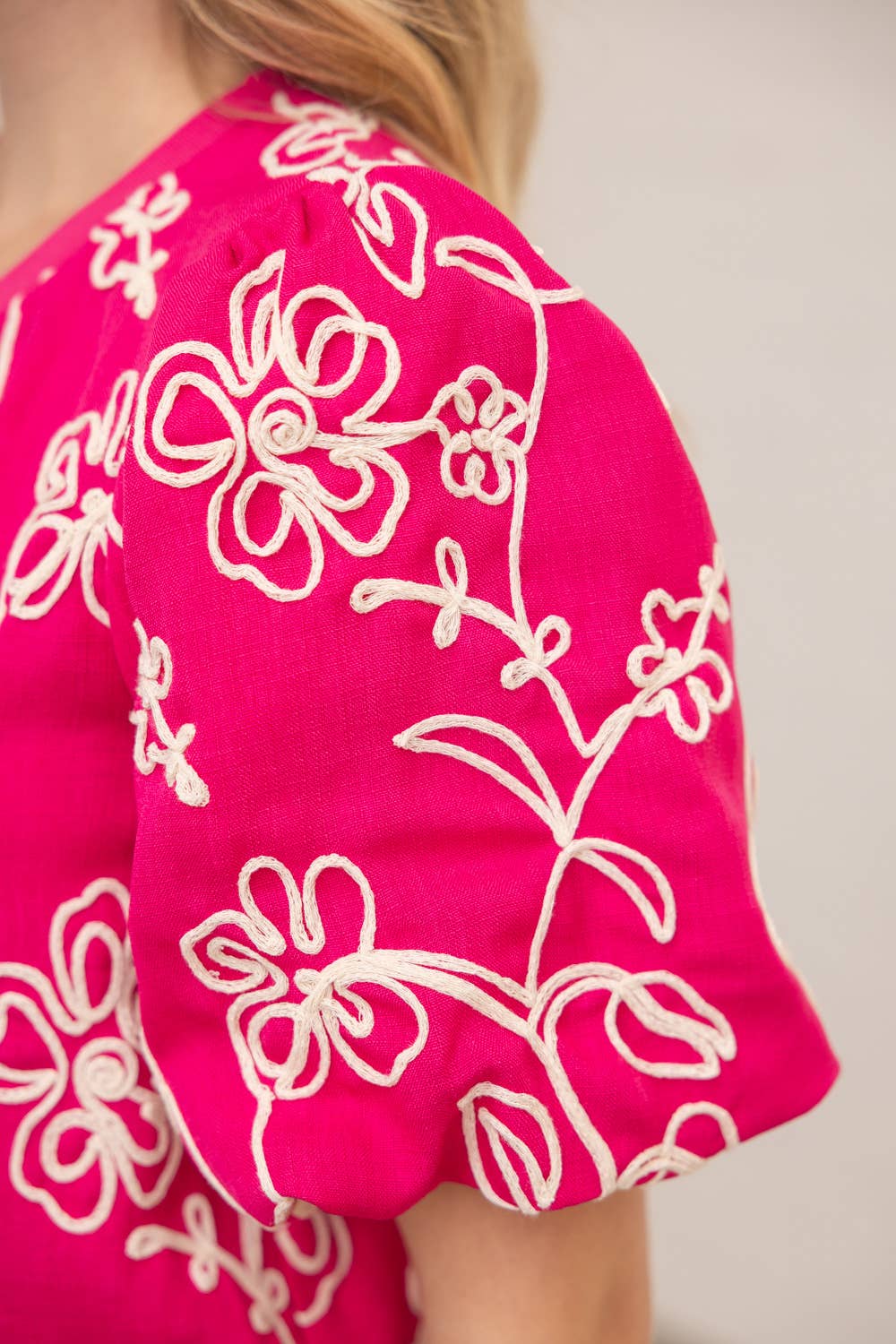 Floral Embroidered Bubble Sleeve Top
