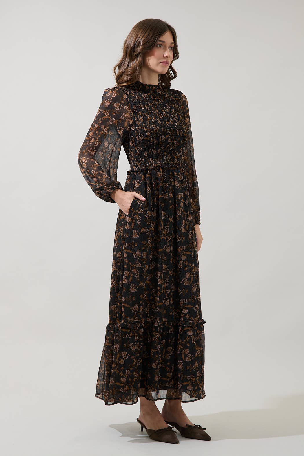 Smocked Long Sleeve Maxi Dress in Celine Floral