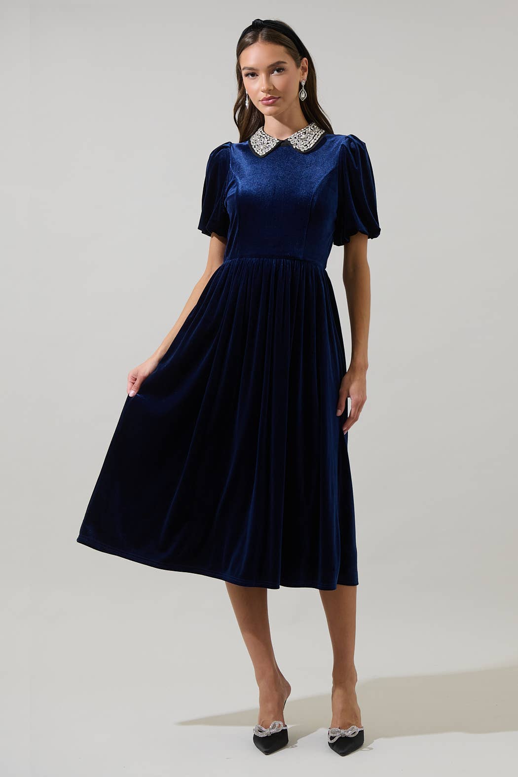 Blue Rhinestone Velvet Midi Dress