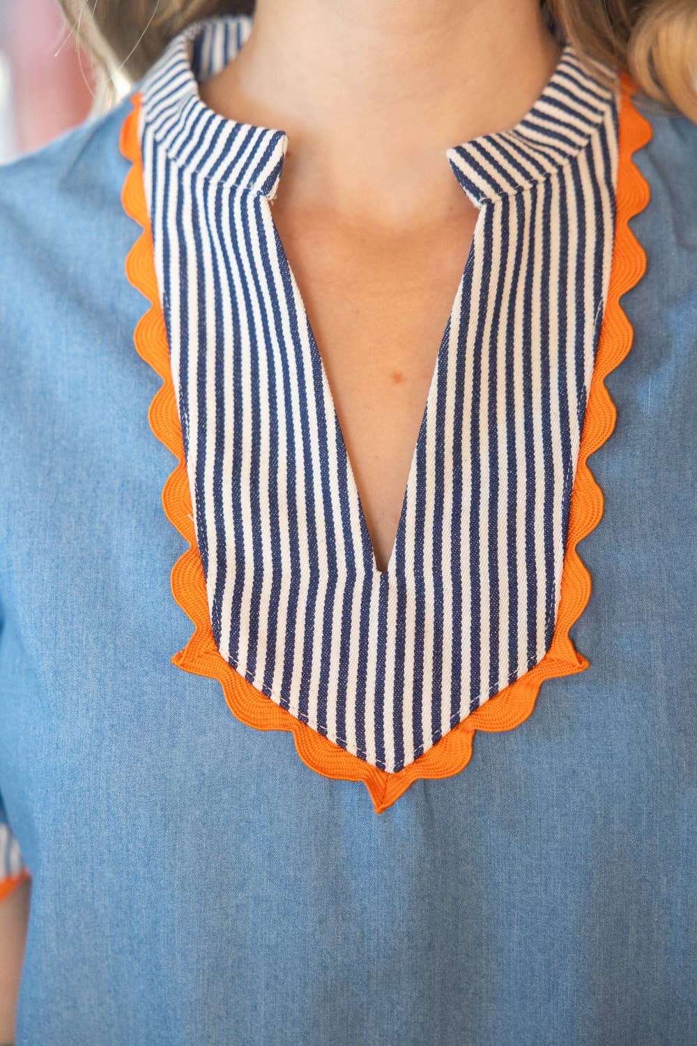 Stripe And Wavy Trim Detailed Chambray Shift Dress