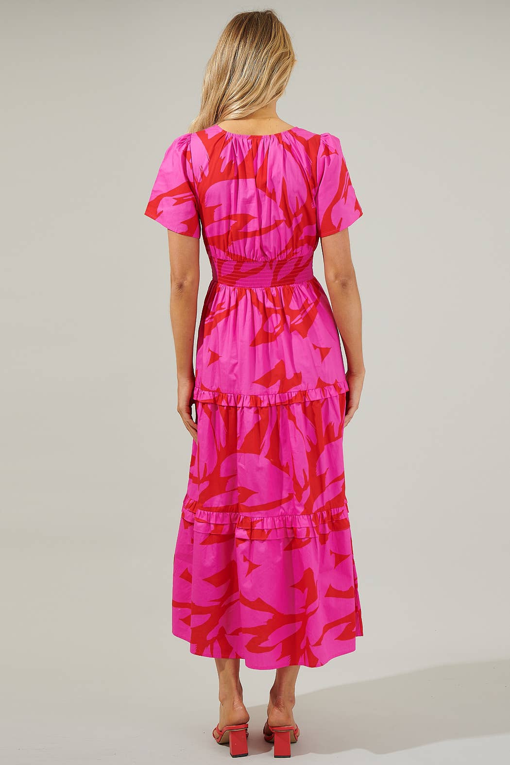 Pink Red Abstract Palmer Poplin Tiered Maxi Dress