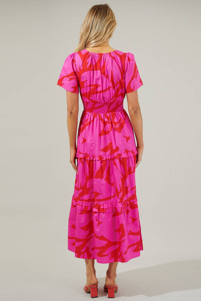 Pink Red Abstract Palmer Poplin Tiered Maxi Dress