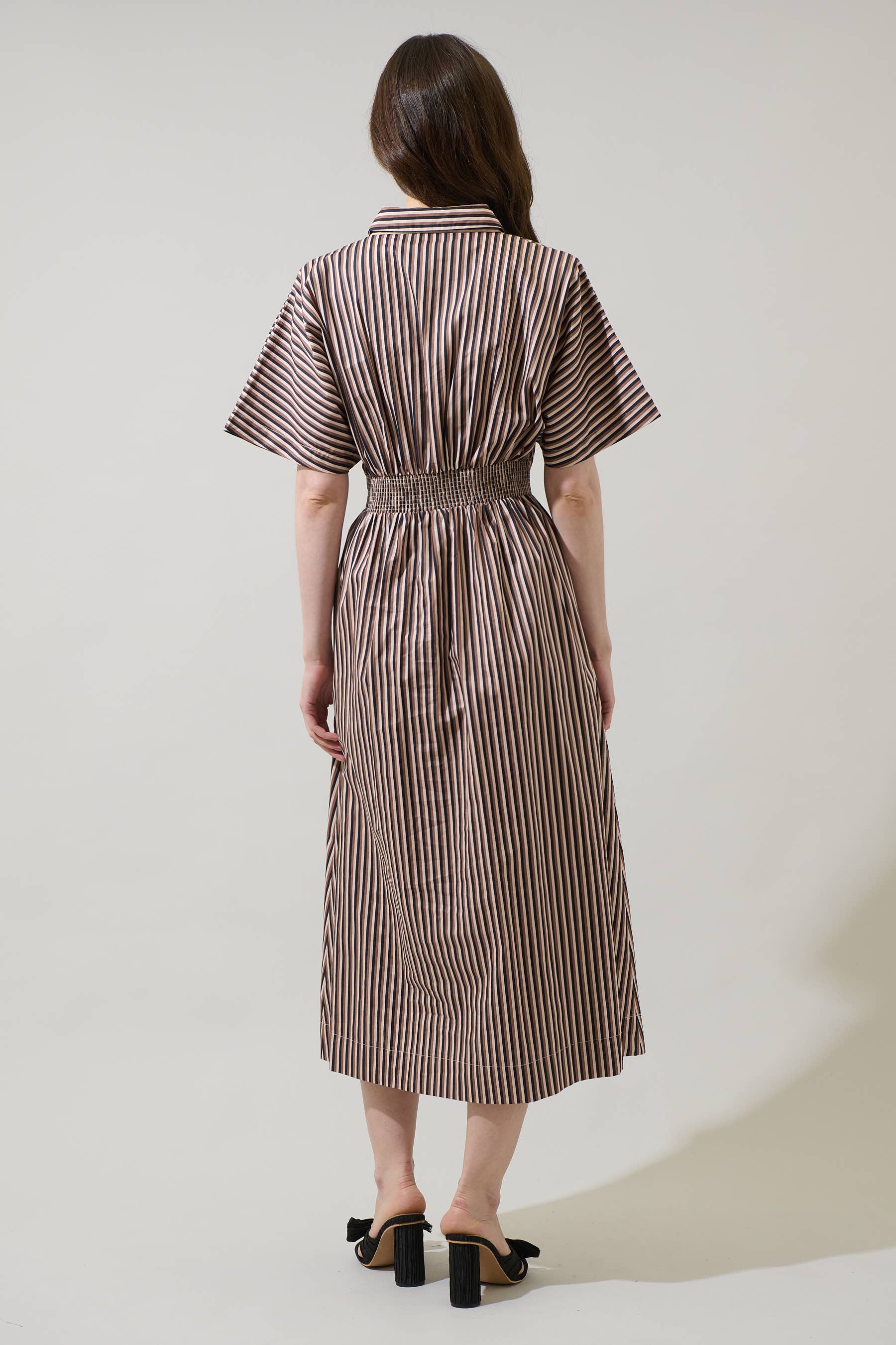 Brown Multi Striped Pleated Cotton Midi Dress with Pockets