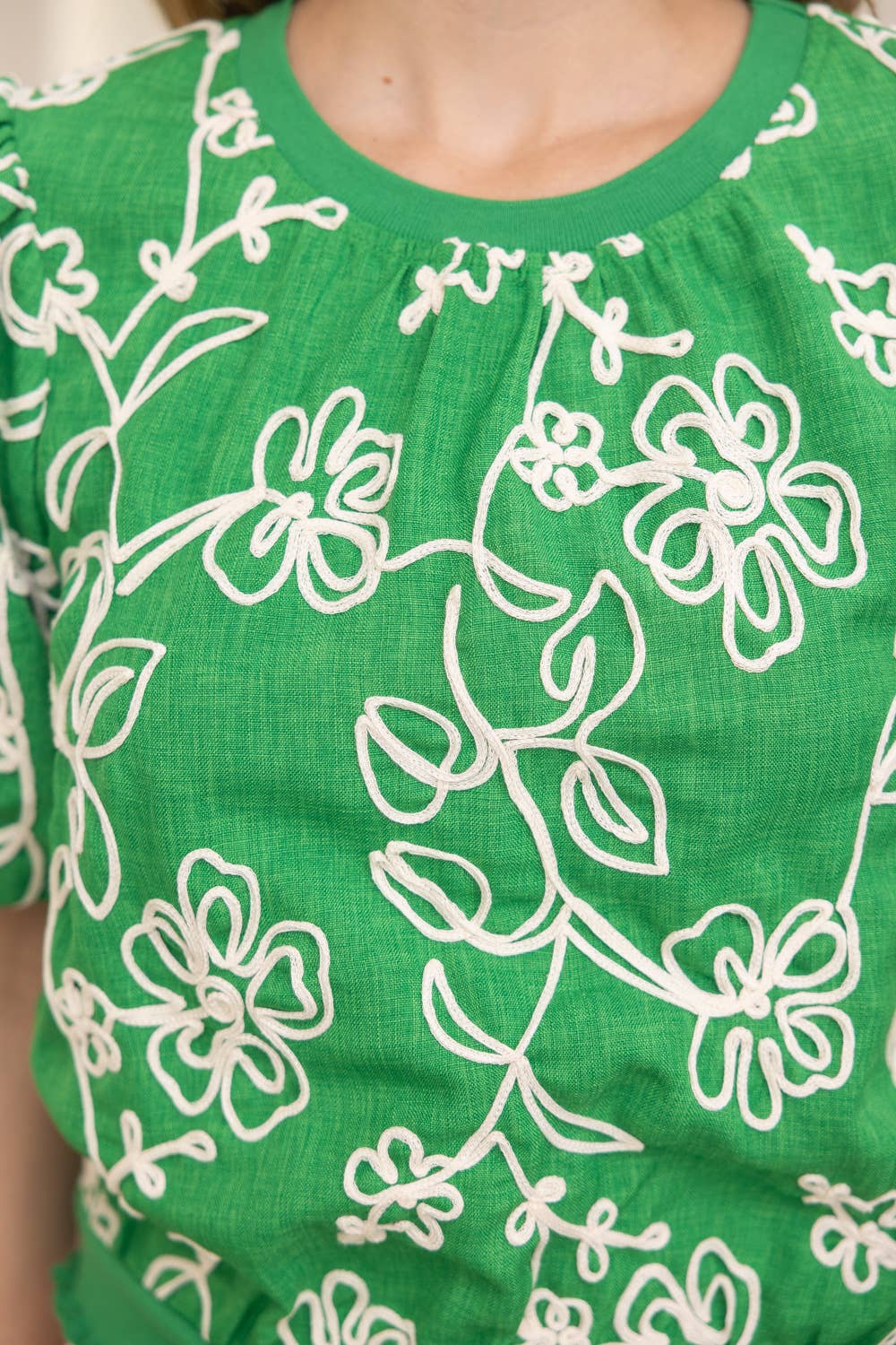 Floral Embroidered Bubble Sleeve Top