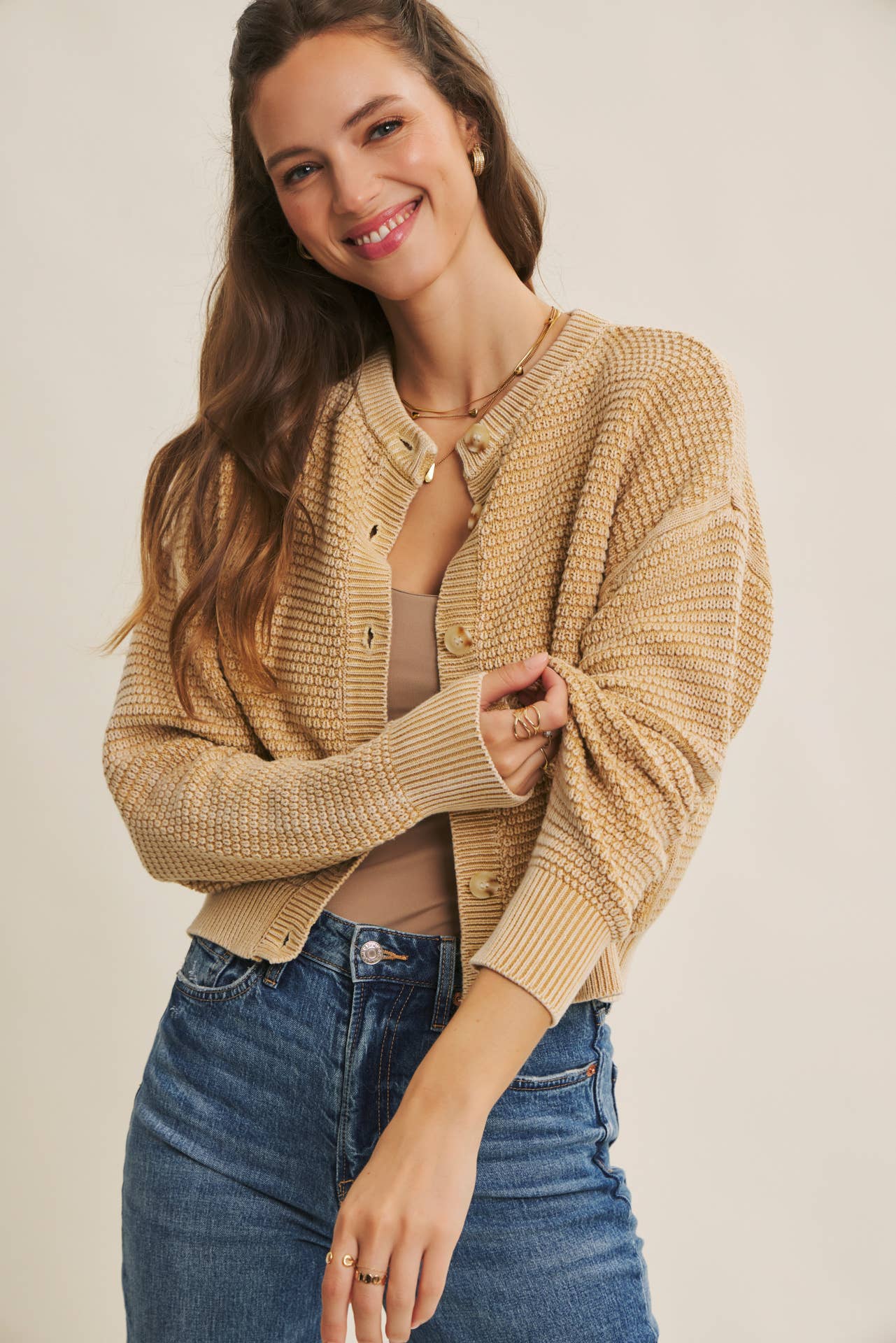Tan MIneral Washed Cardigan Sweater