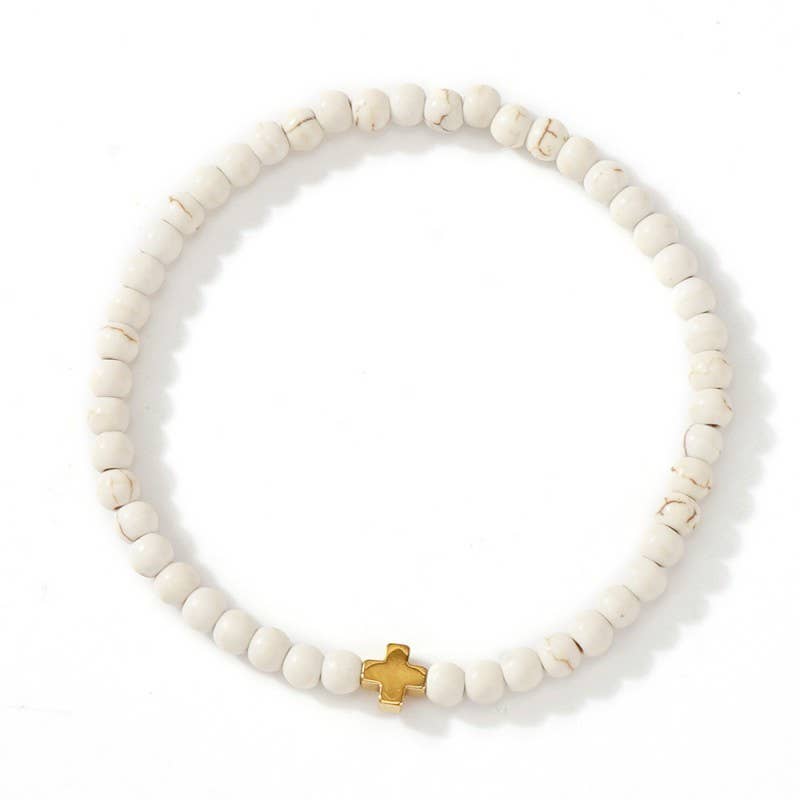 Natural Stone Cross Beaded Stretch Bracelet