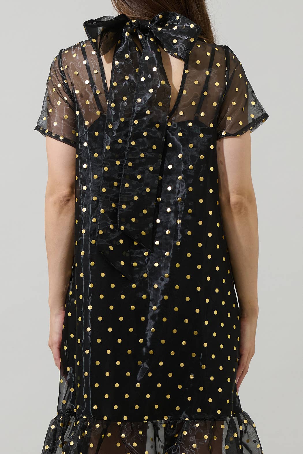 Black Gold Polka Dot Organza Tiered Dress