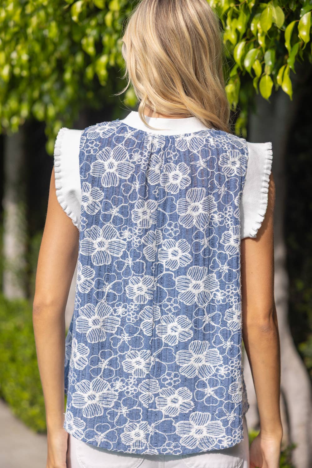 Denim Blue Floral Embroidered Ribbed Knit Top