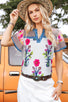 Floral Stripe Patchwork Short Sleeve Split Neck Blouse