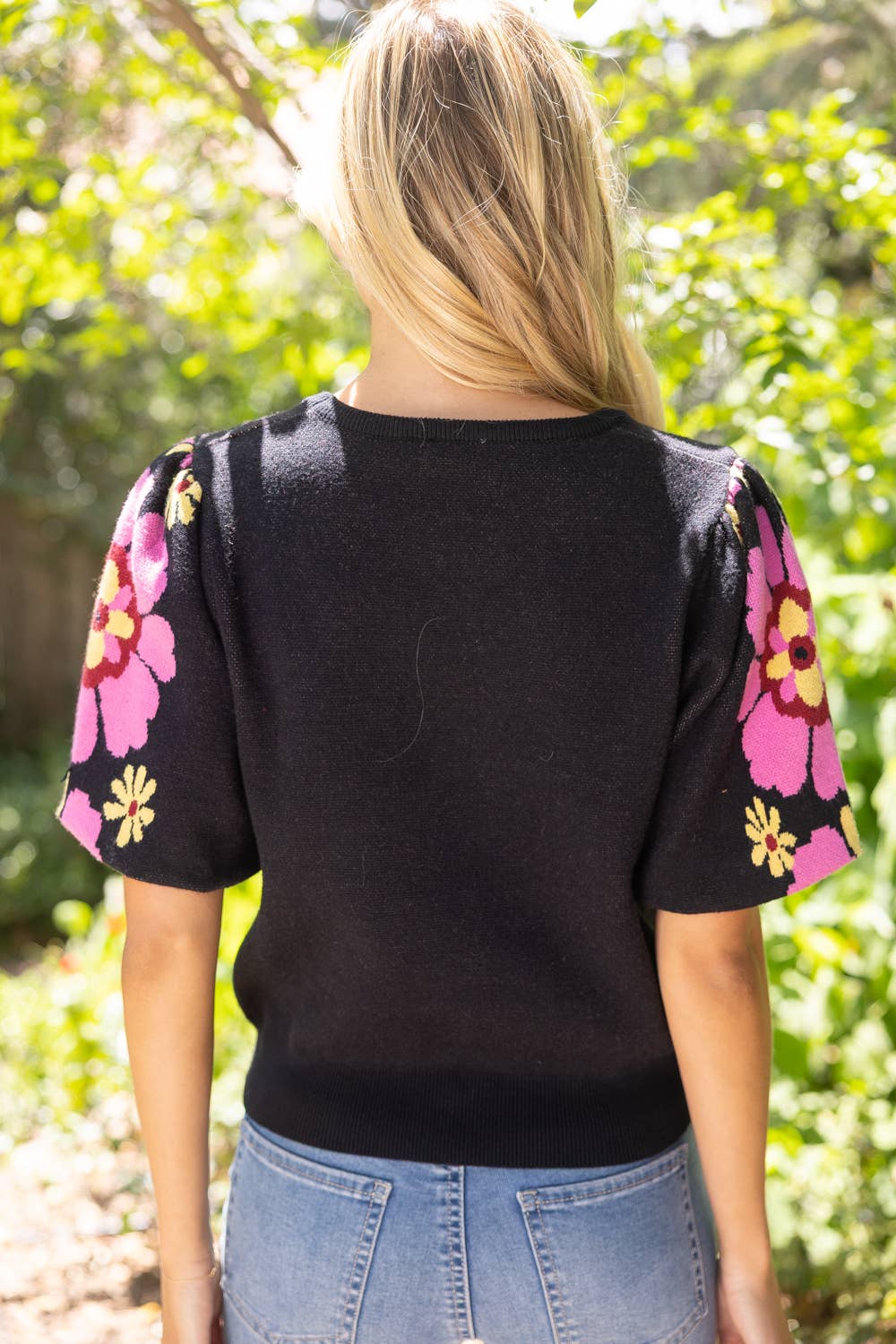 Floral Print Bubble Sleeve Knit Top