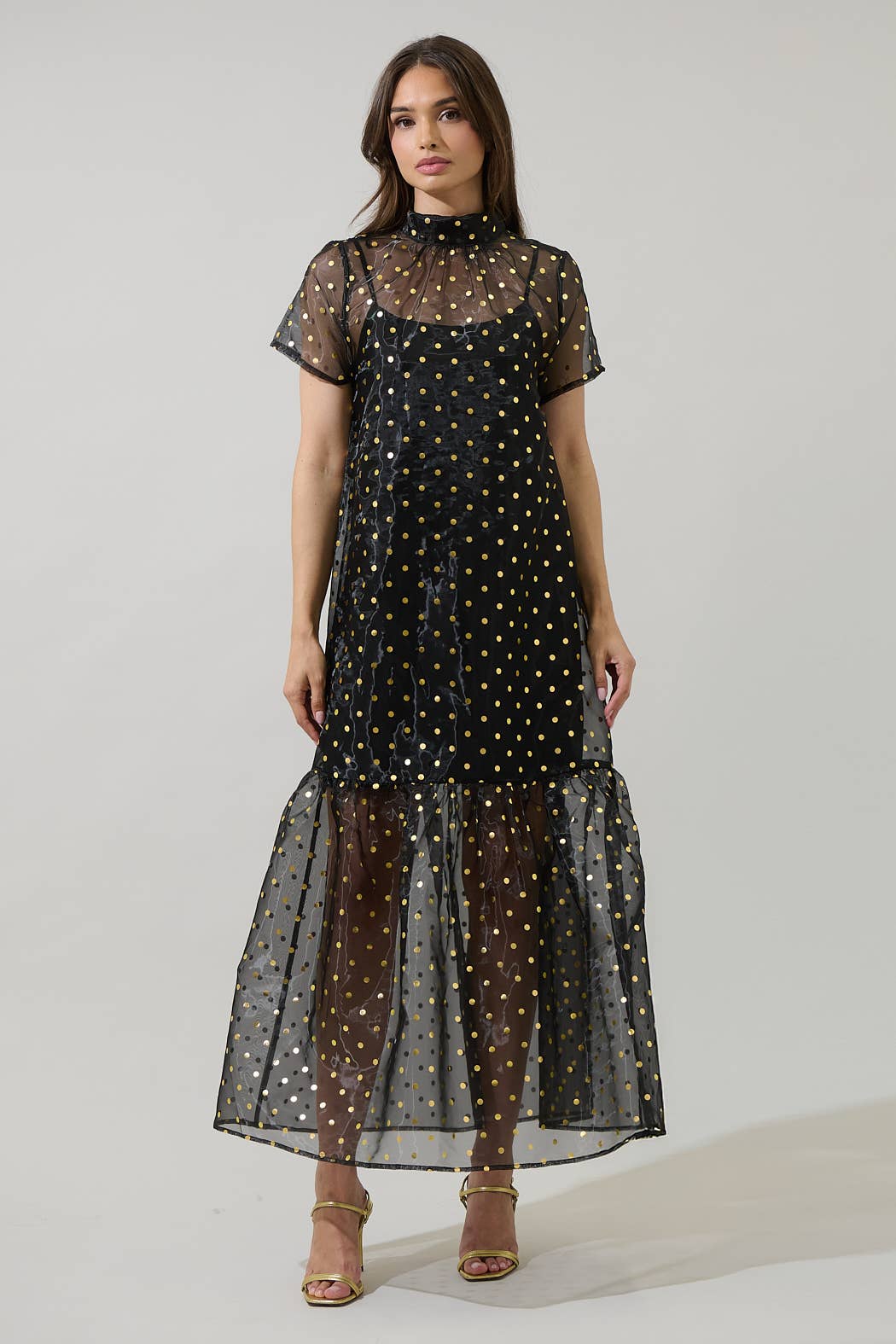 Black Gold Polka Dot Organza Tiered Dress