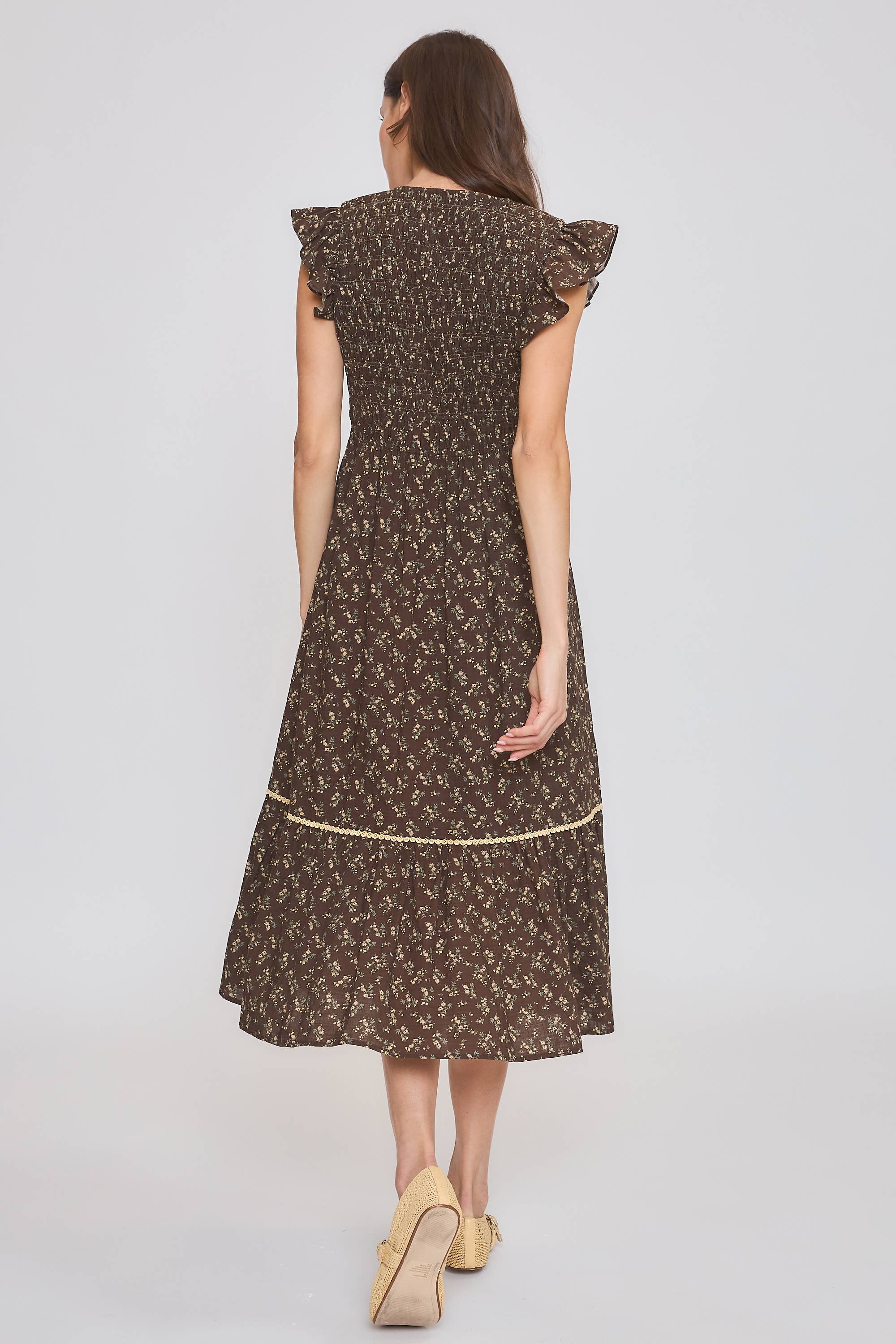 Floral Button-Front Ruffle Sleeves Midi Dress