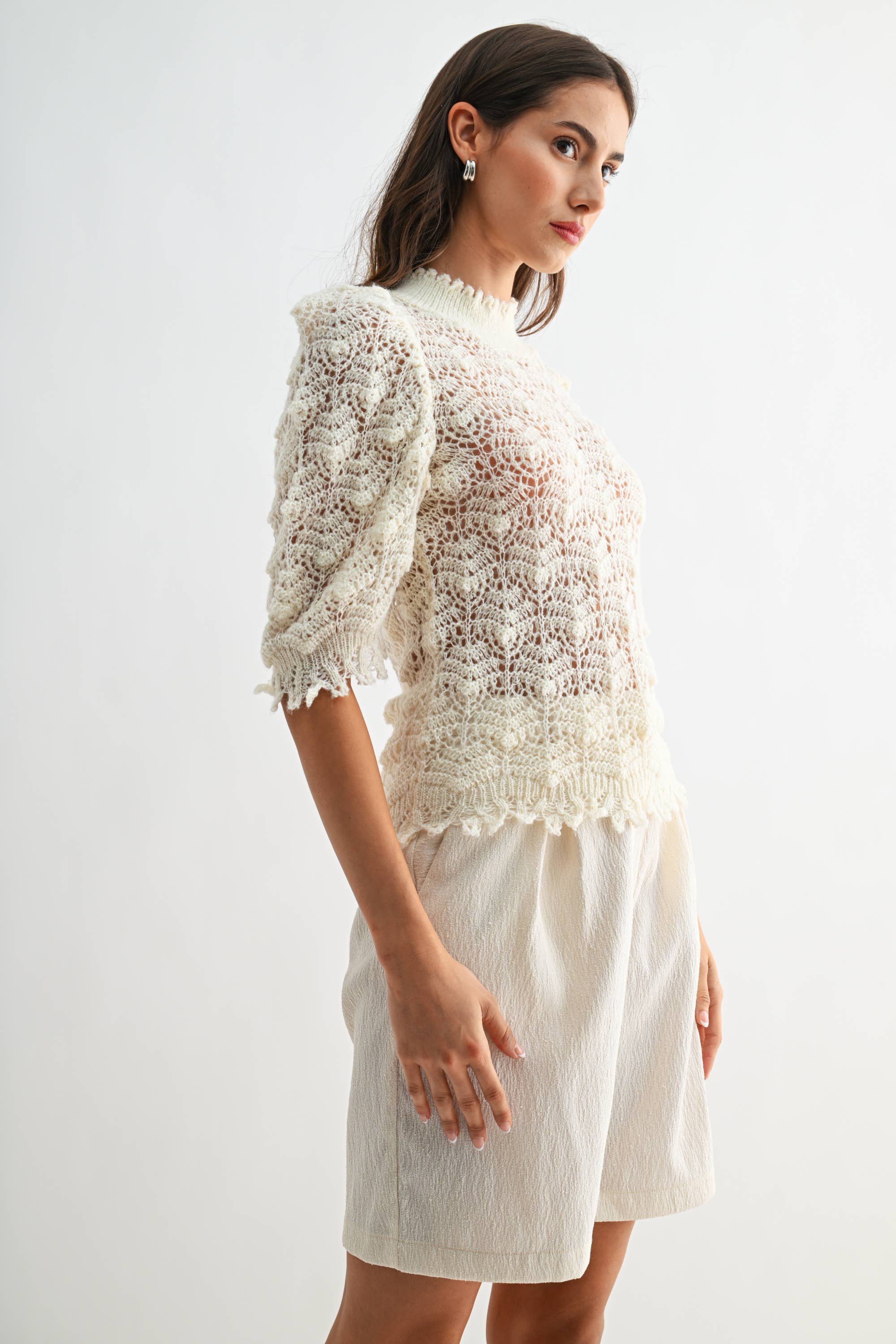 Crochet Knit Puff Sleeve Top