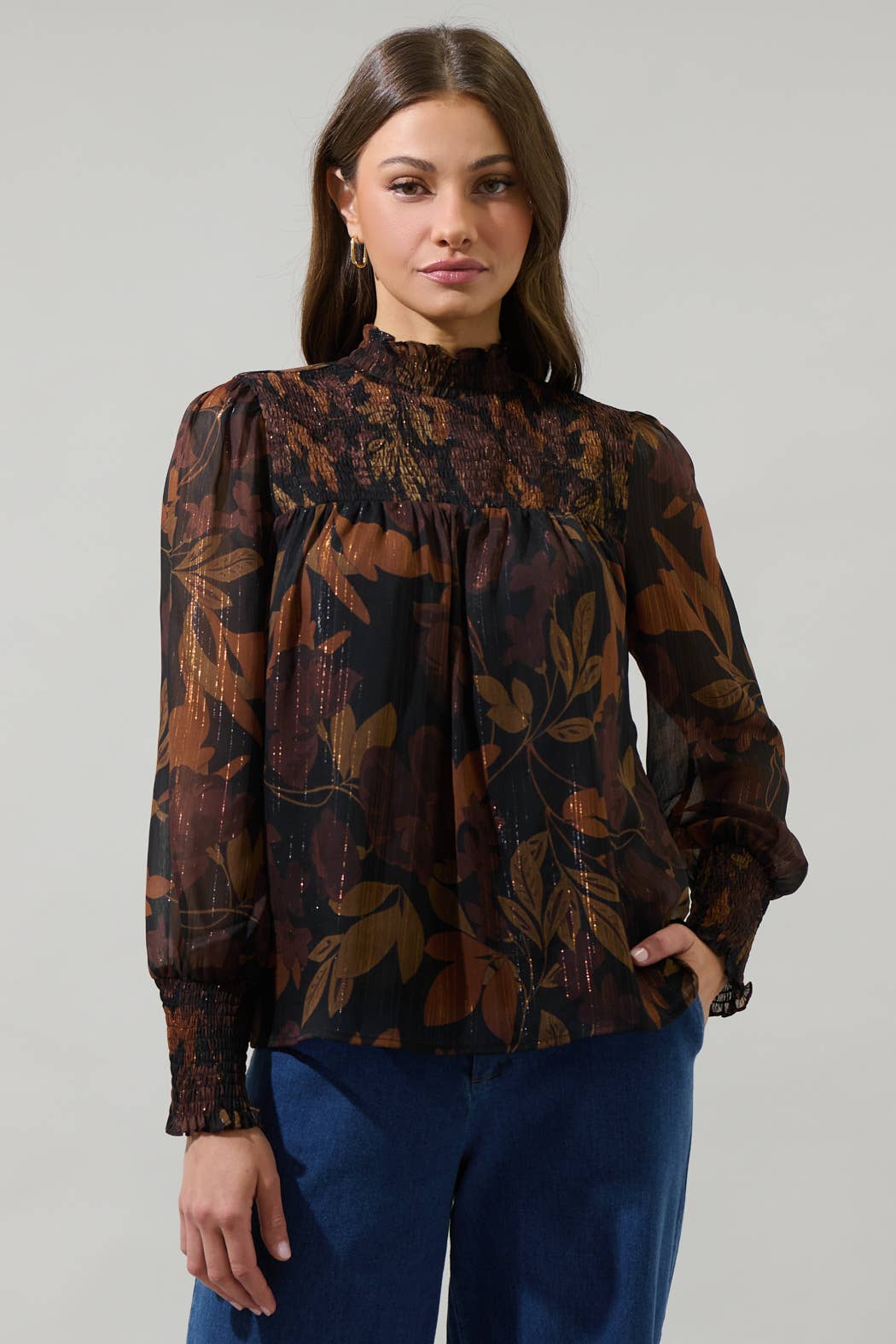 Brown Multi Floral Balloon Sleeve Top