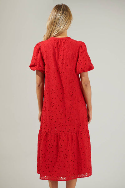 Red Eyelet Midi Dress