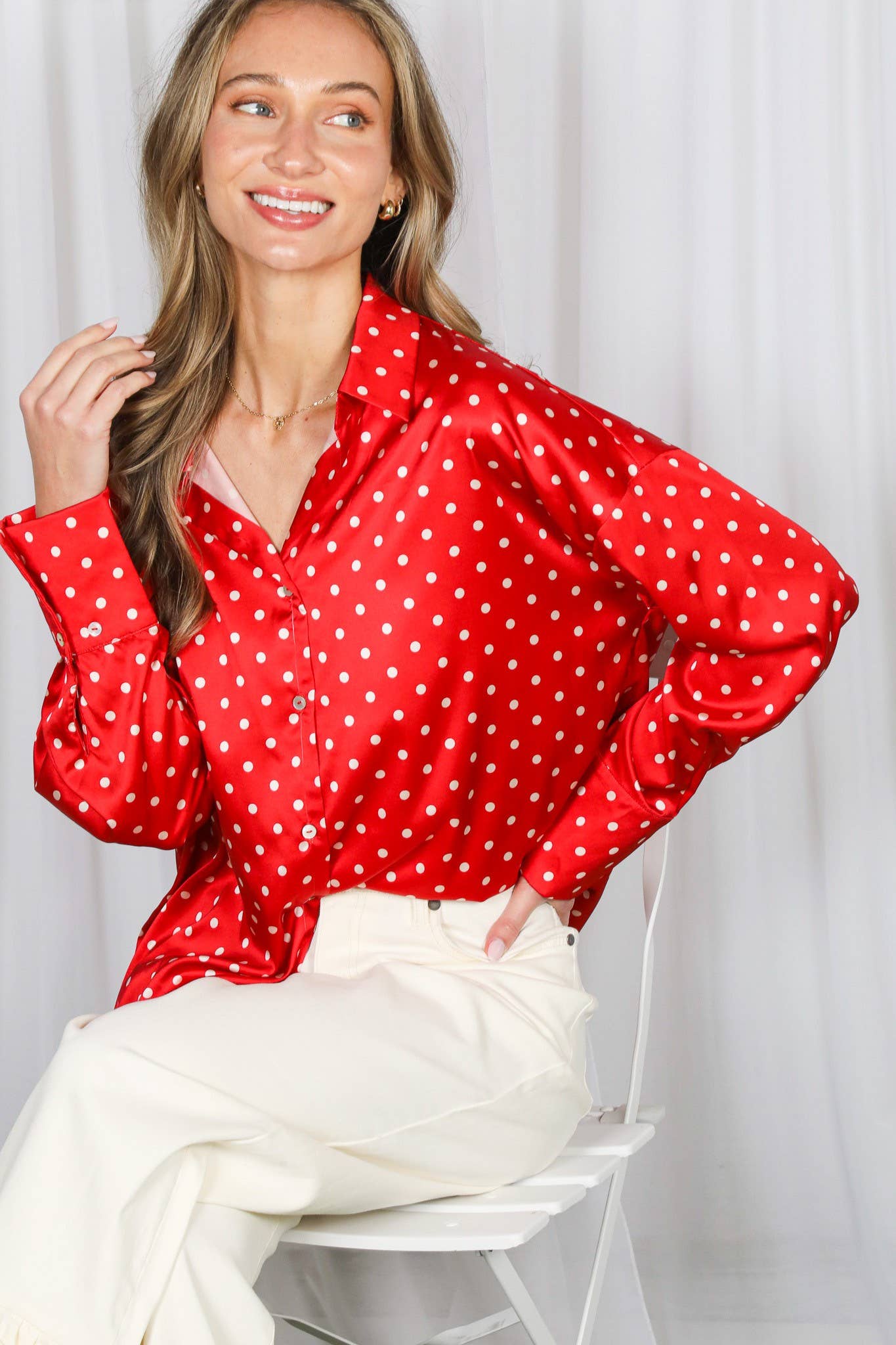 Polka Dot Long Sleeve Satin Top