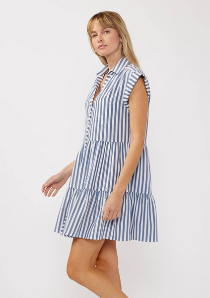 Navy Striped Collared Button Down Tiered Dress