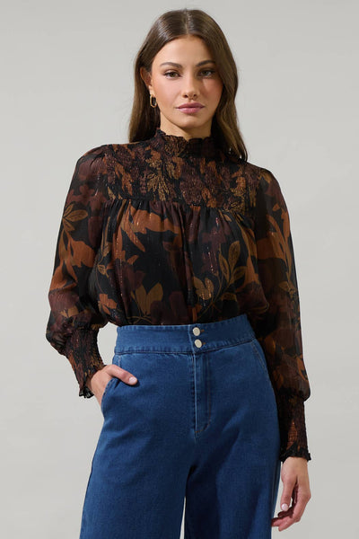 Brown Multi Floral Balloon Sleeve Top