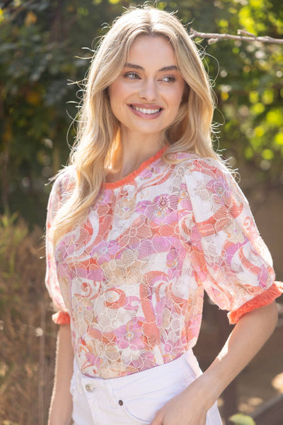 Coral Floral Embroidery Printed Lace with Fringe Top