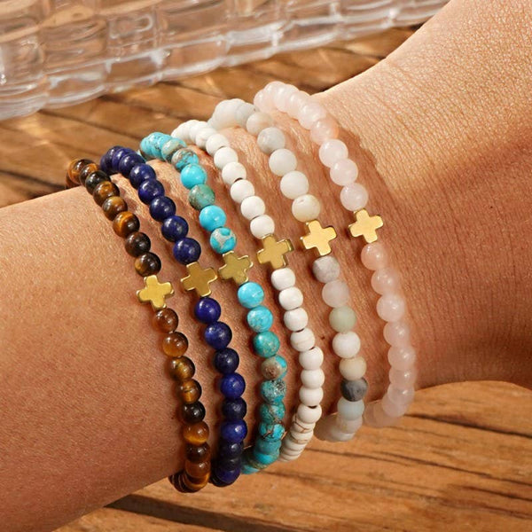 Natural Stone Cross Beaded Stretch Bracelet