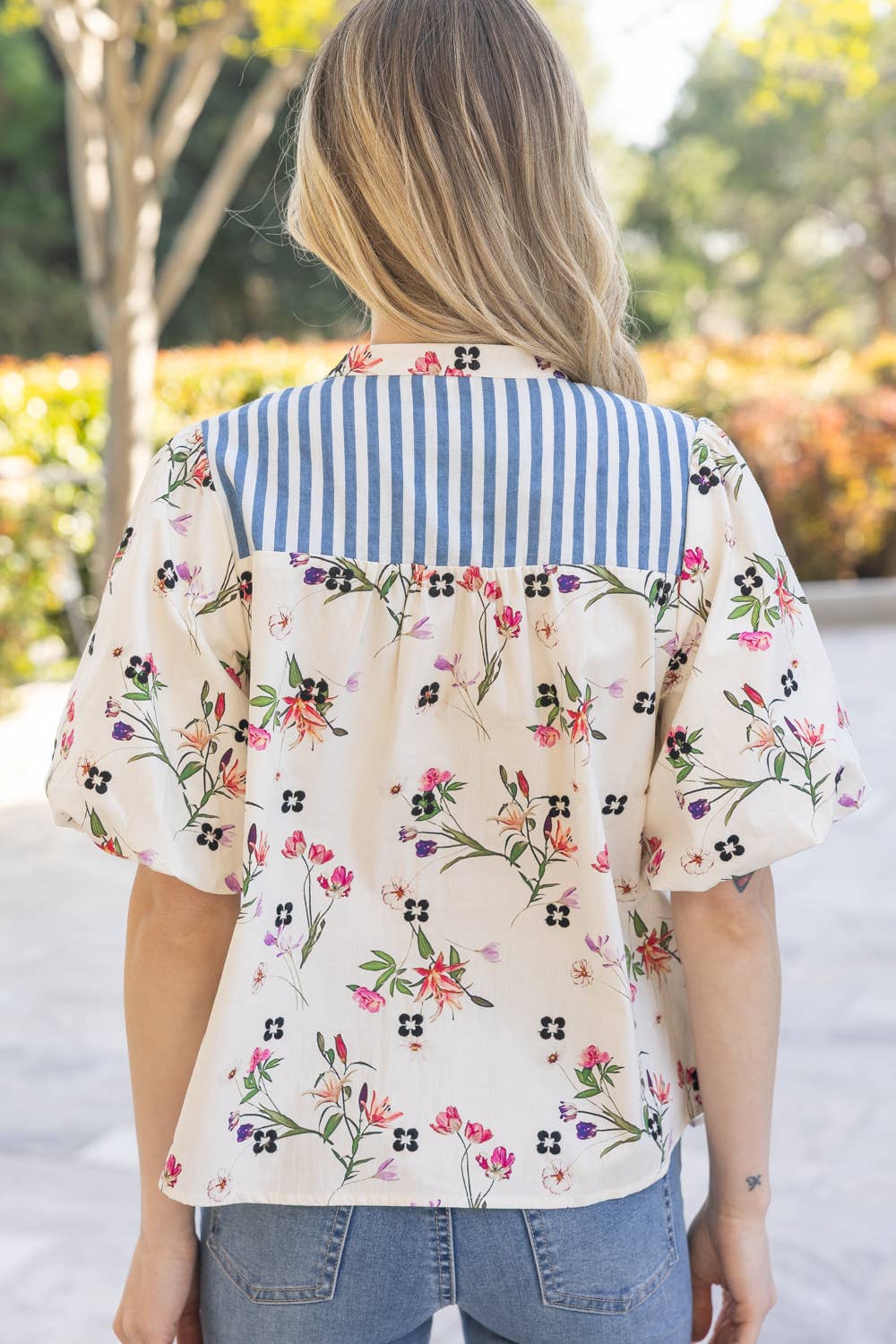 Floral And Stripe Mixed Tassle Front Top