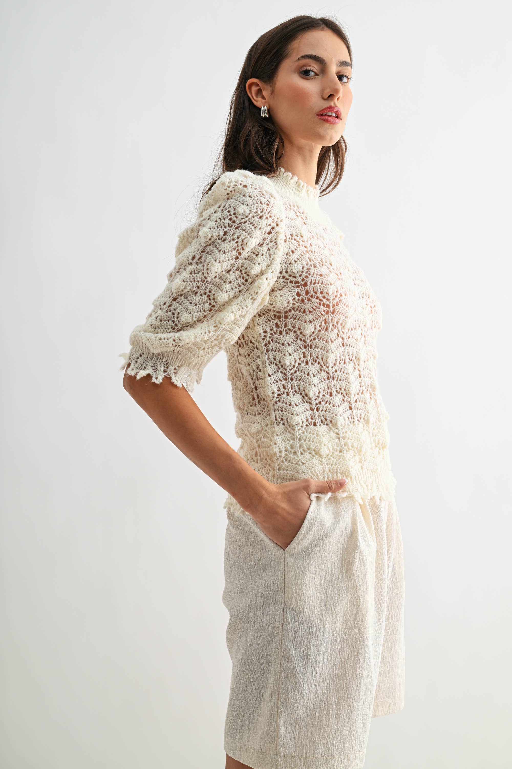 Crochet Knit Puff Sleeve Top