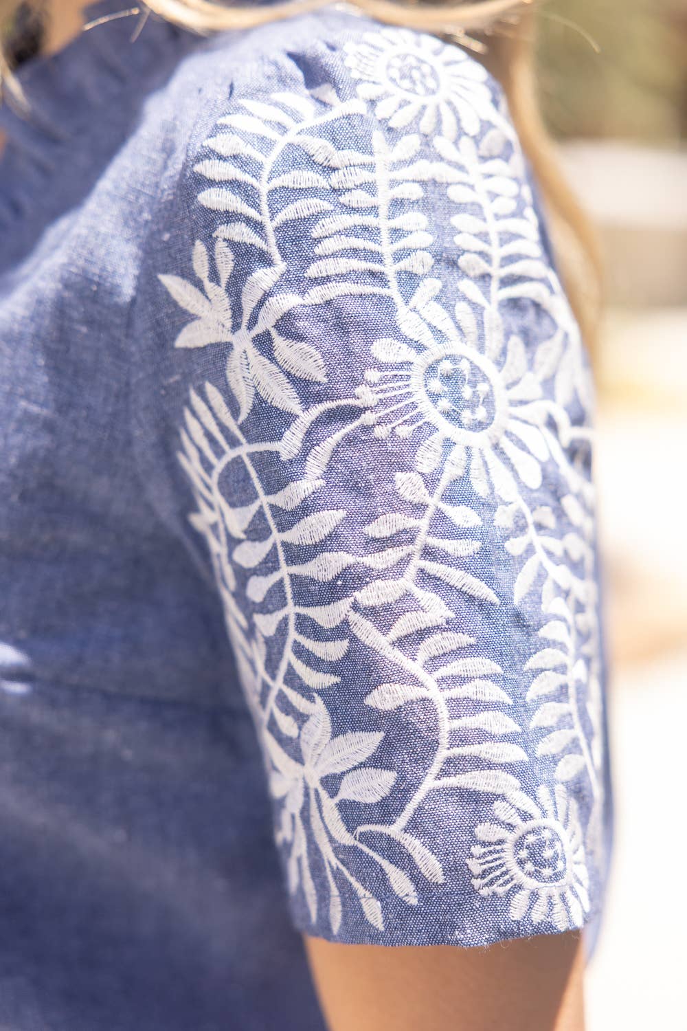 Chambray Floral Embroidered Sleeve Top