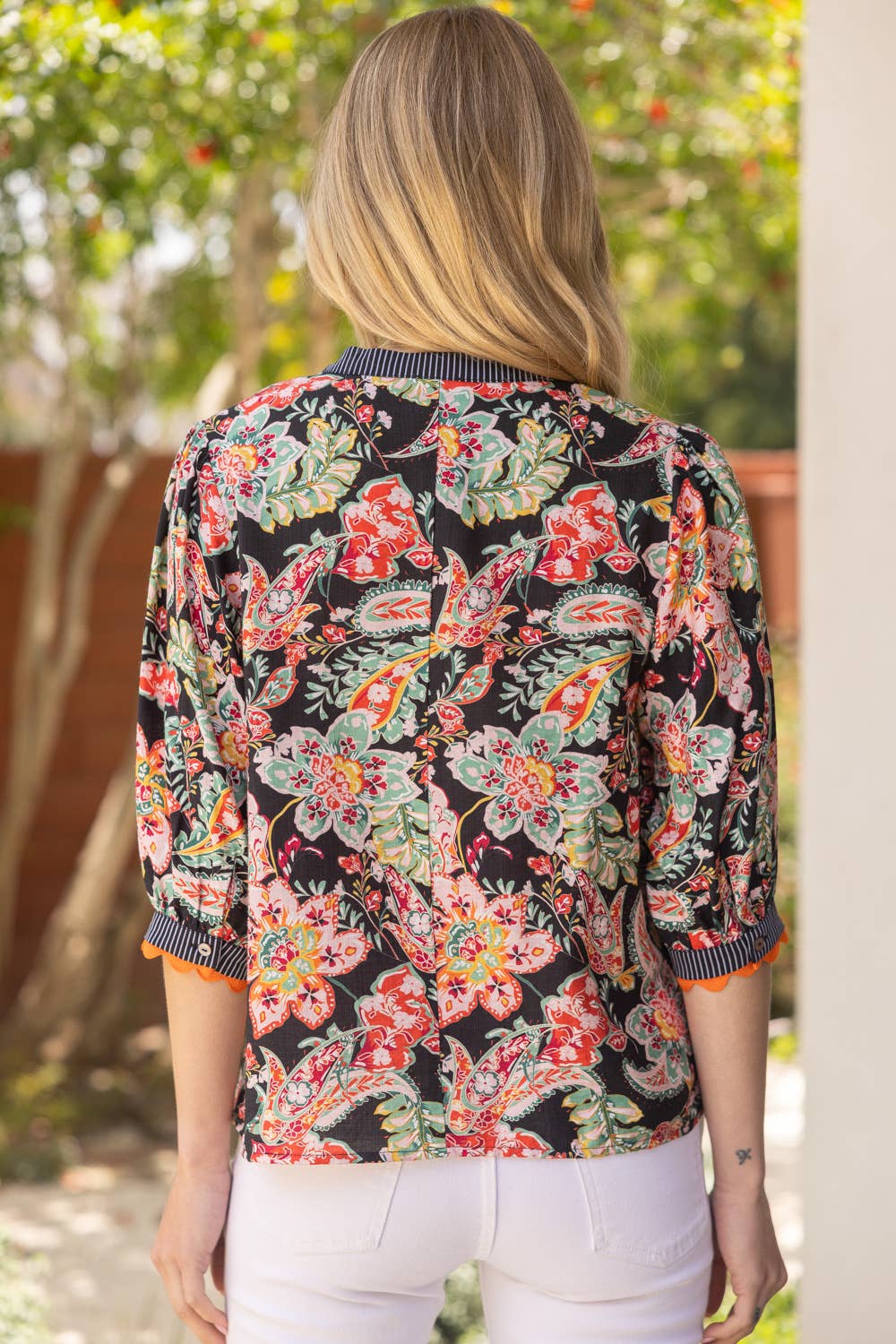 Black Floral Wavy Trim Mixed Top