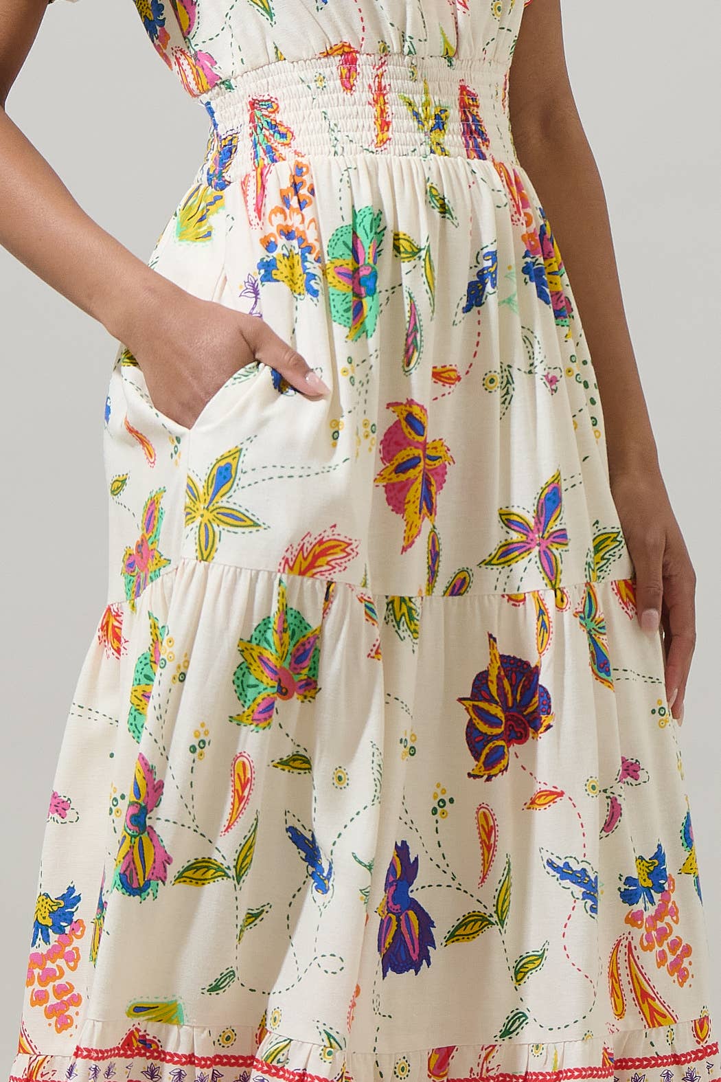 Floral Print Linen Smocked Maxi Dress