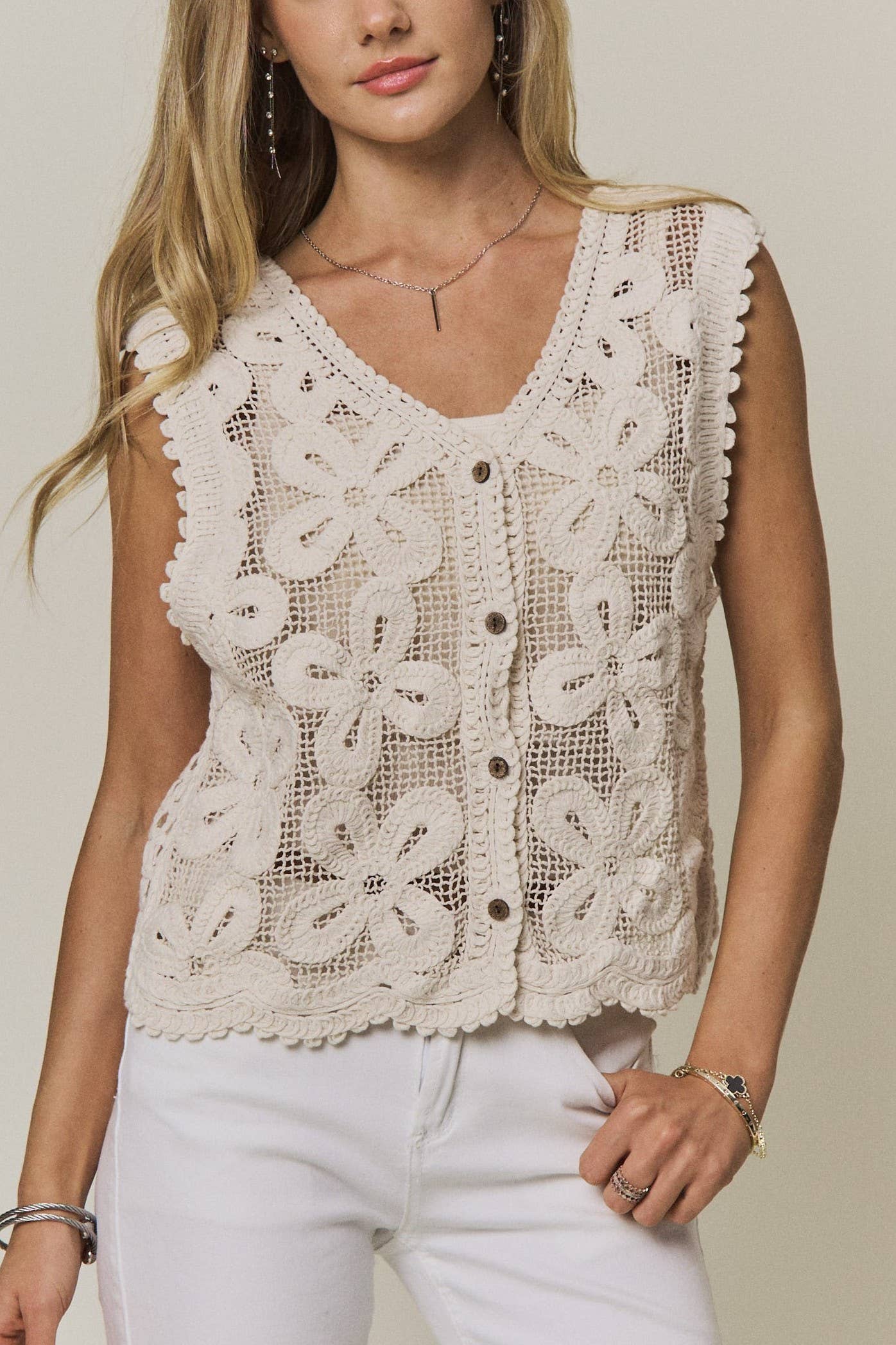 Floral Crochet Button-Front Vest Top
