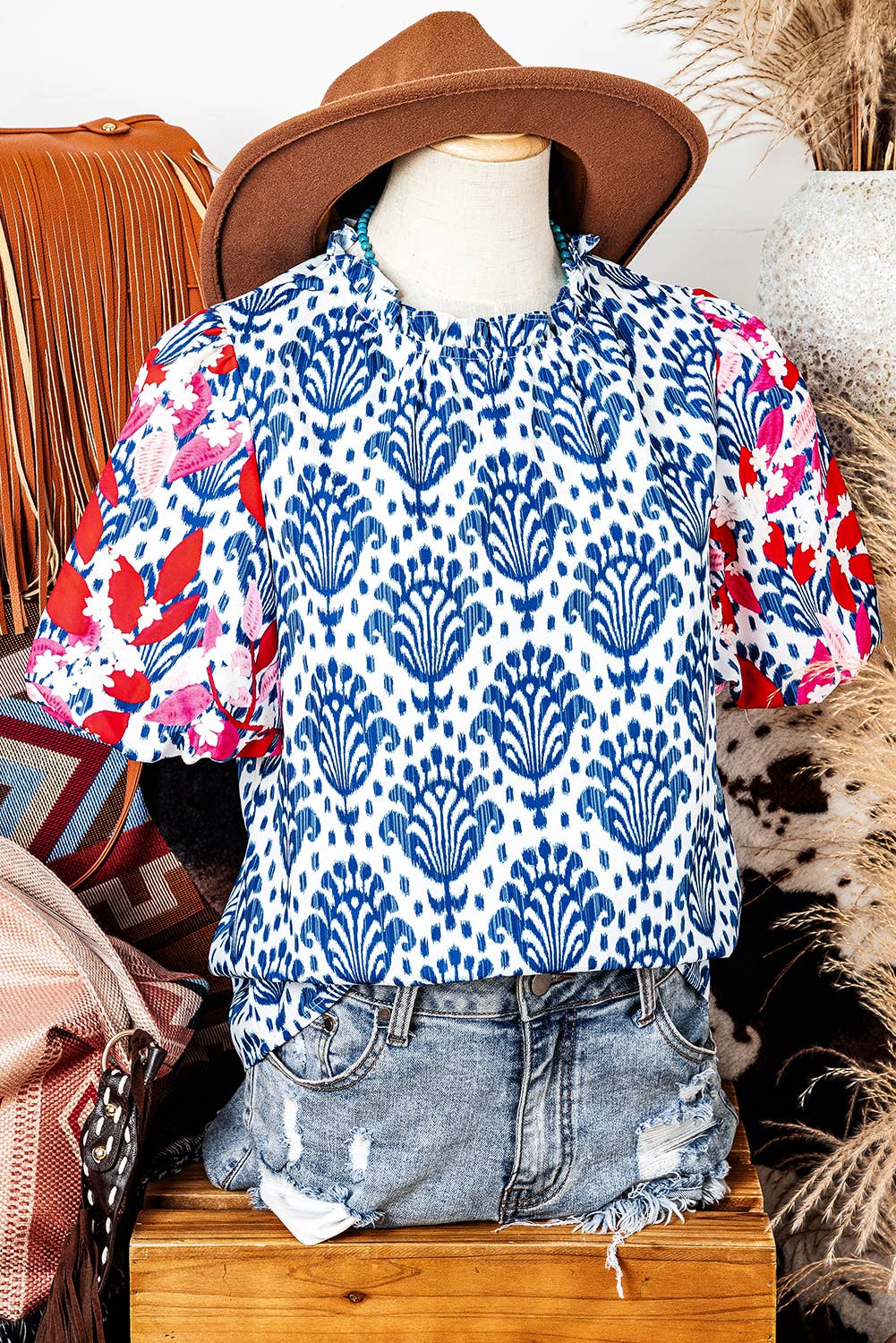 Western Print Floral Puff Sleeve Frill Neck Blouse