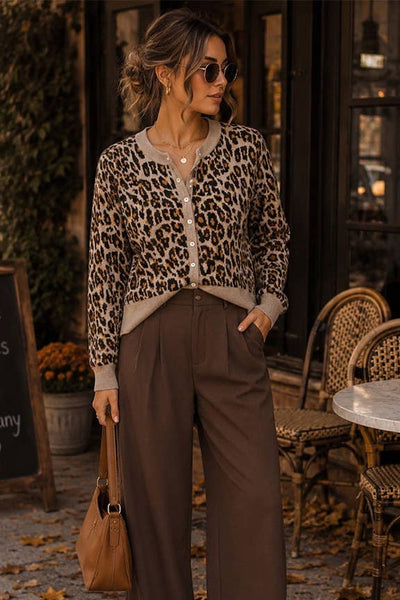 Leopard Print Button-Front Knit Cardigan
