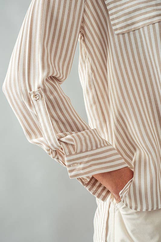 Relaxed Fit Vertical Striped Rayon Button Down Shirt