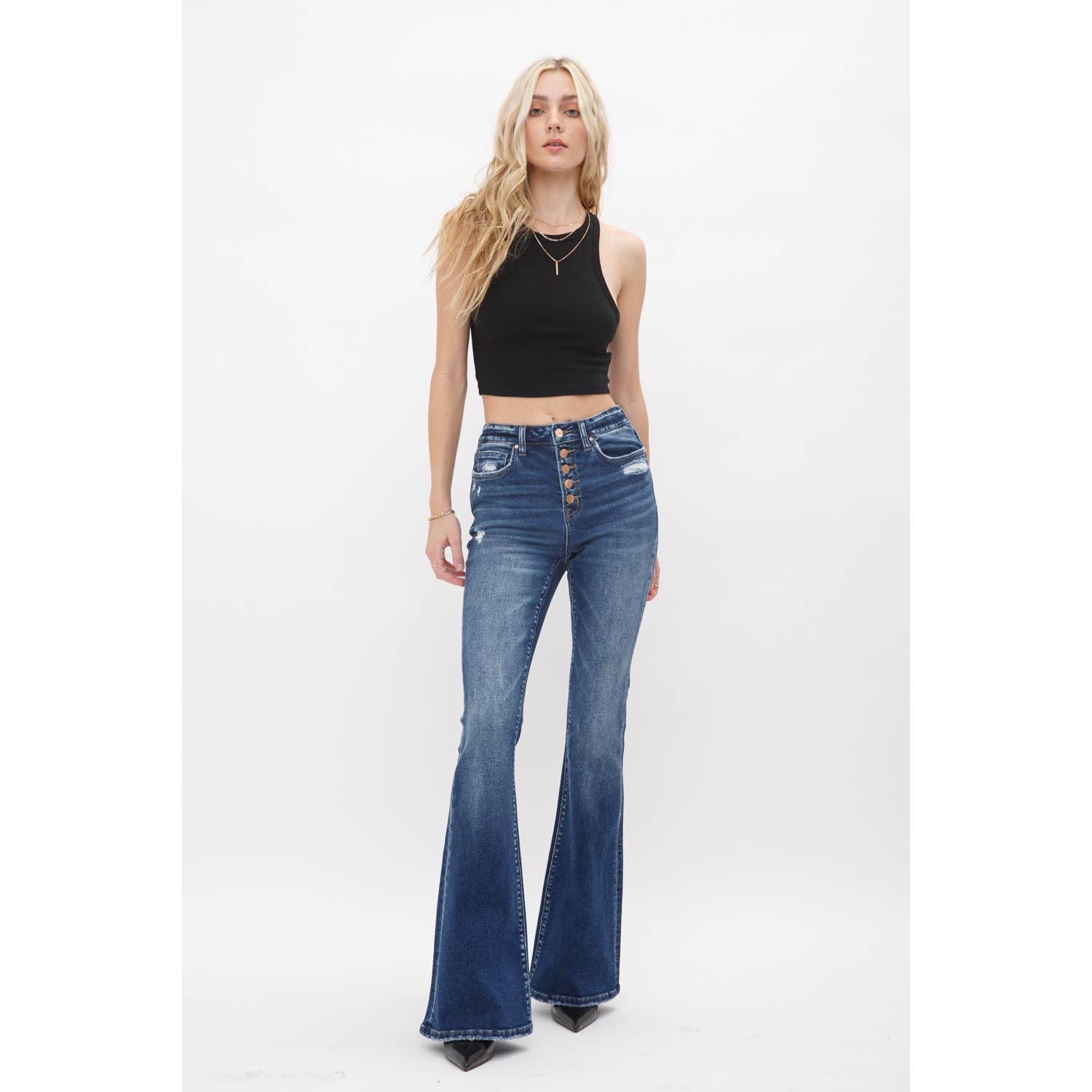 Dark Wash HIgh Rise Button Up Flare Jeans