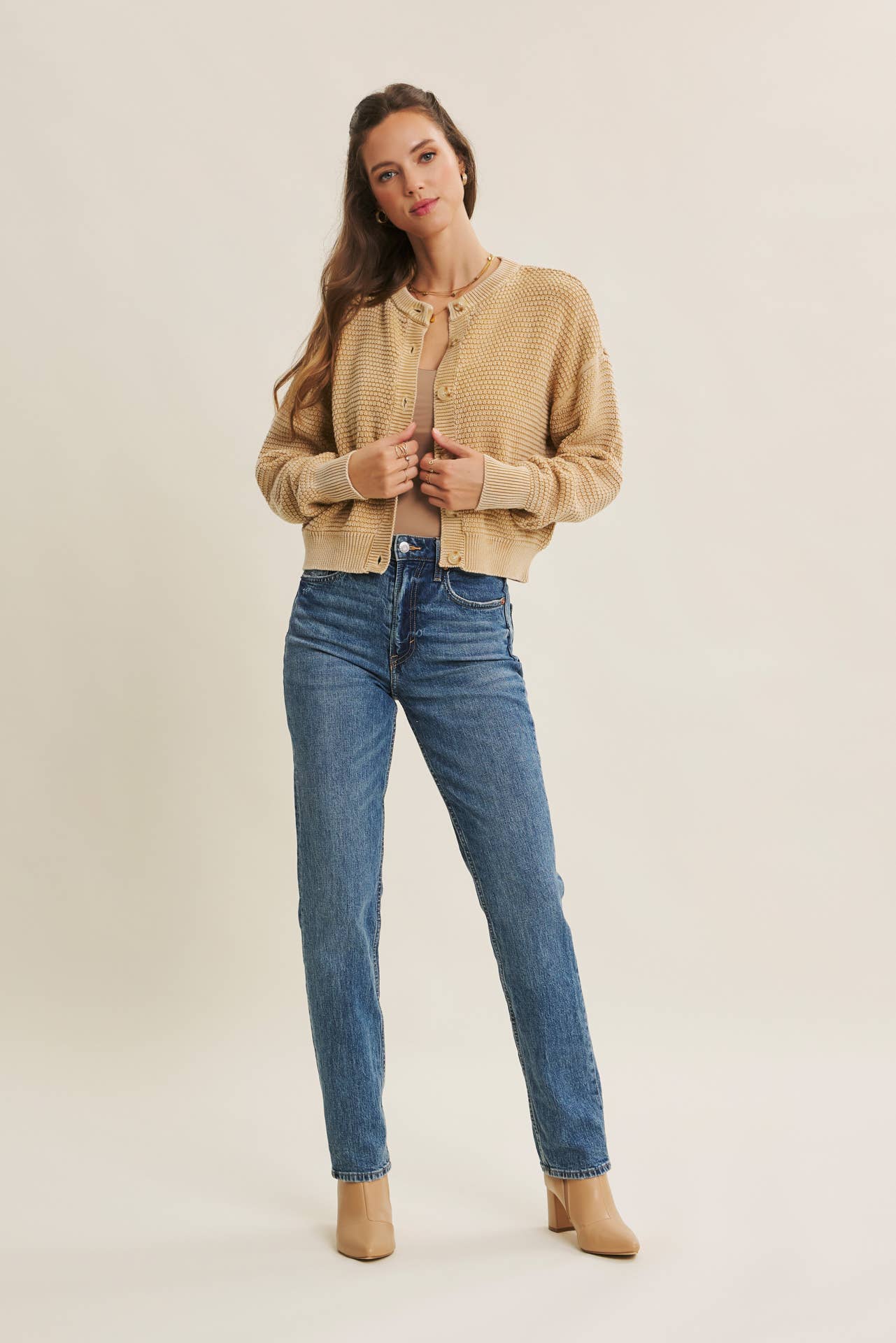Tan MIneral Washed Cardigan Sweater