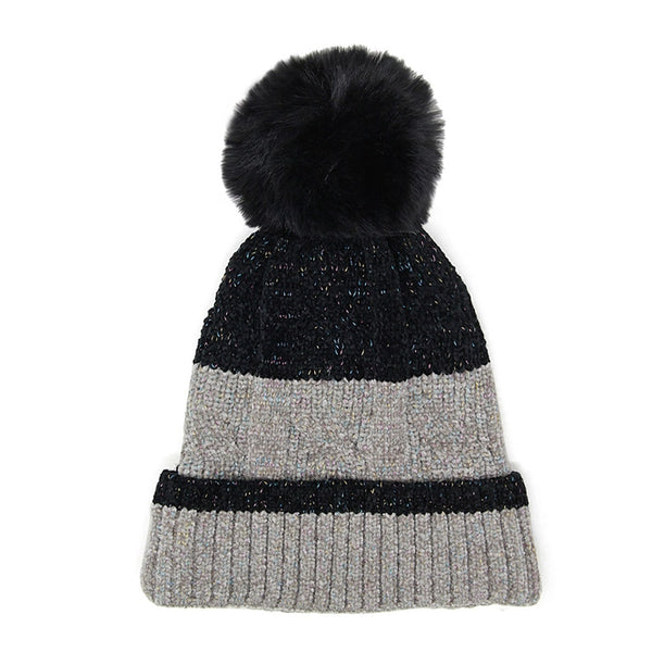 Two Tone Striped Cuff Pom Pom Beanie