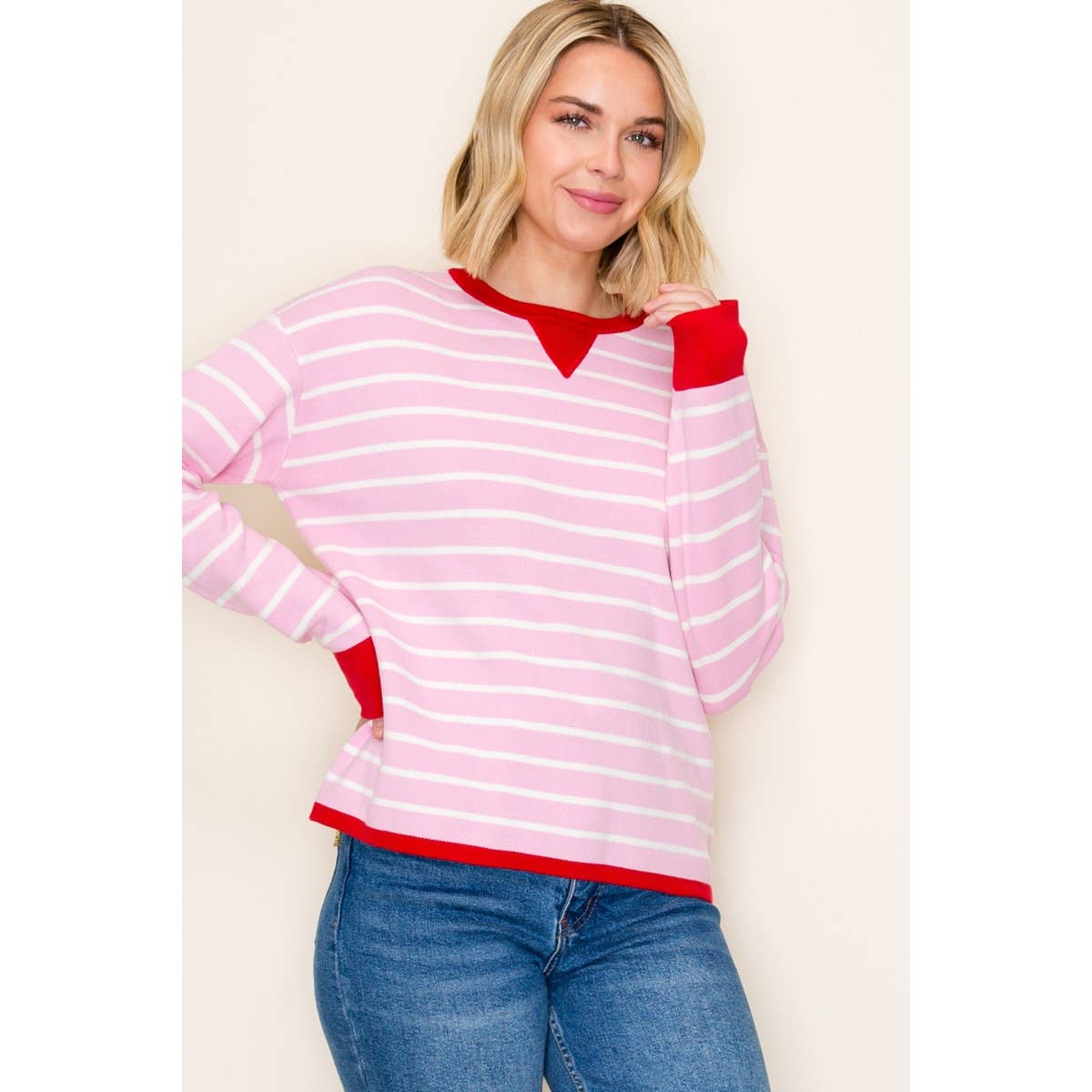 Pink White Color Contrast Striped Sweater
