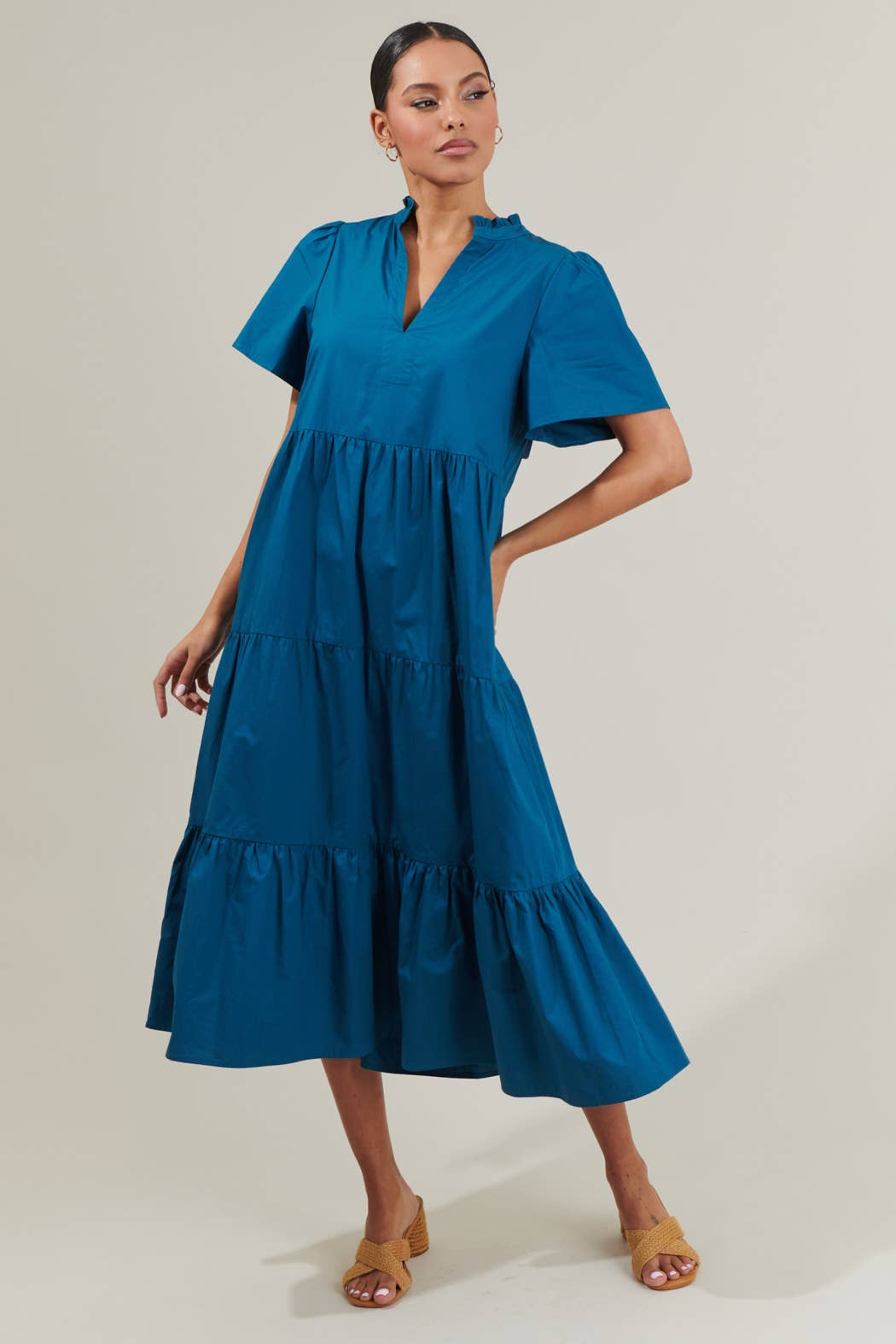 Teal Cotton Tiered Midi Dress with Pockets