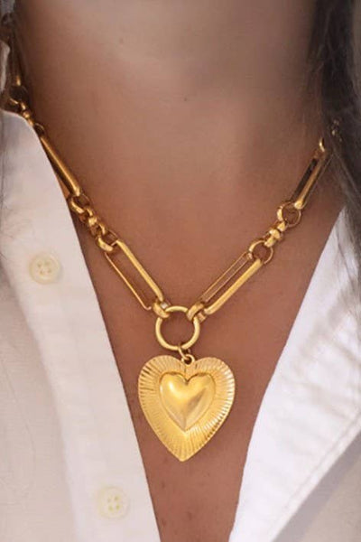 Etched Heart Chunky Chain Statement Necklace