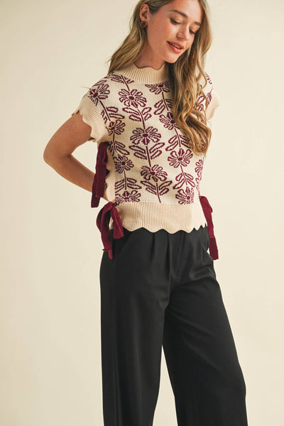 Mock Neck Burgundy Floral Sweater Vest