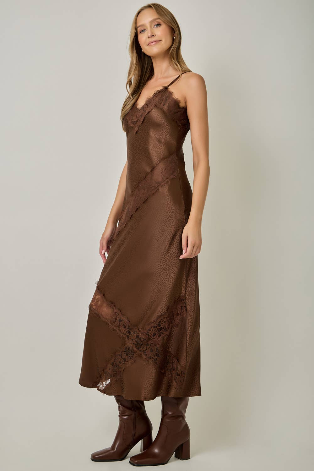 Brown Leopard Textured Satin Midi Slip Dress