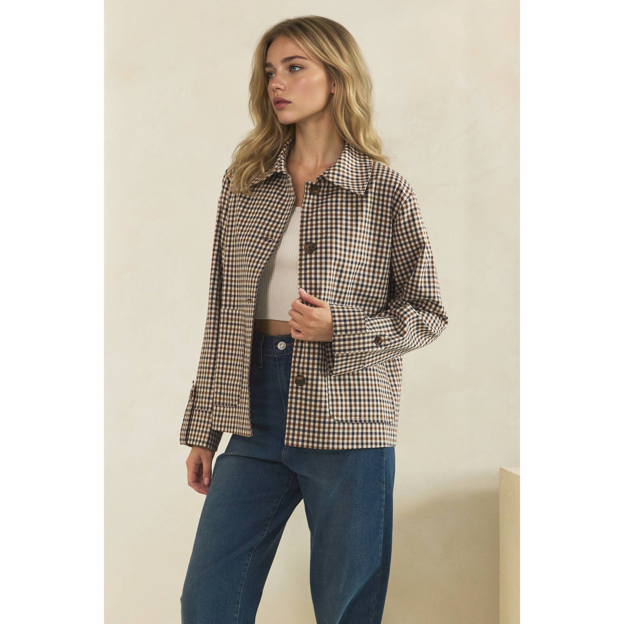 Navy Check Button-Front Jacket