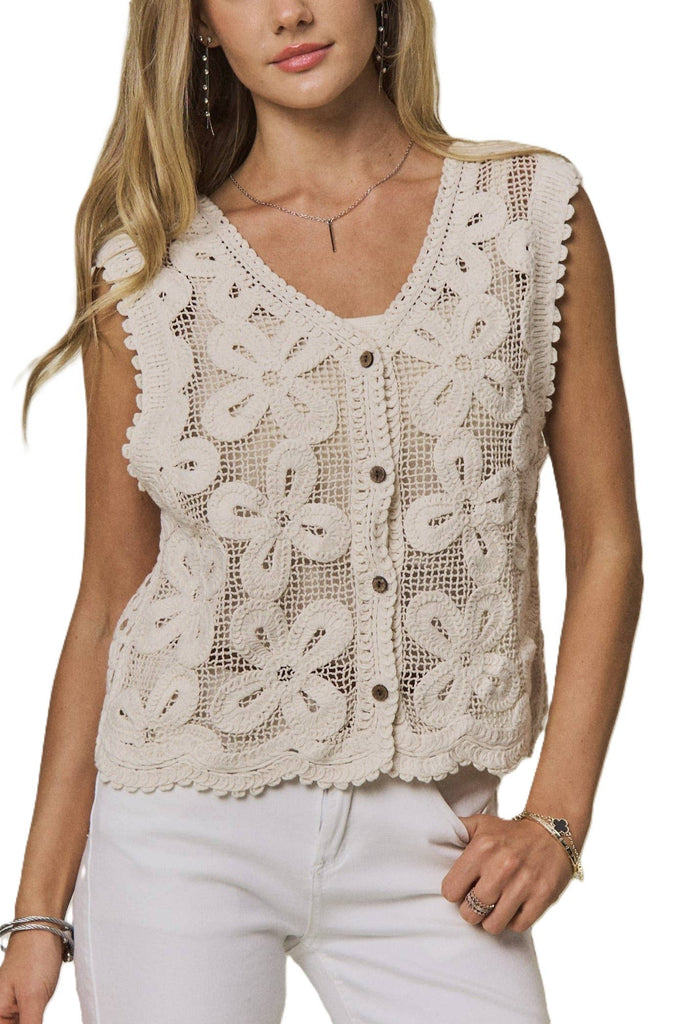 Floral Crochet Button-Front Vest Top